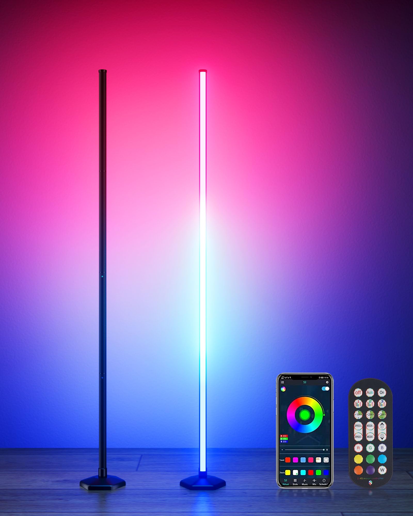 2PCS Smart RGB LED Corner Floor Lamp with App and Remote Control